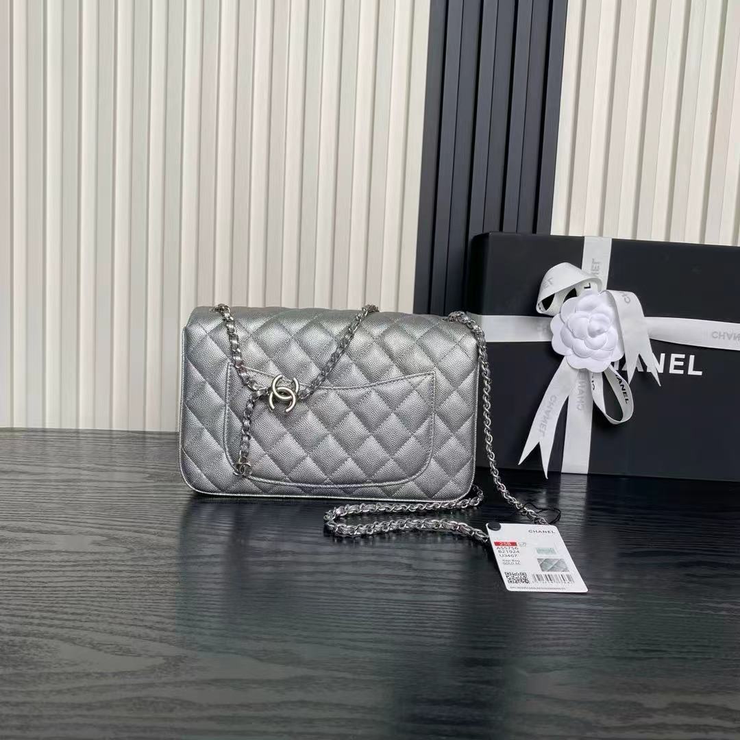 Chanel 2026 Classic Flap Bag 23.5cm Silver Grained Cowhide