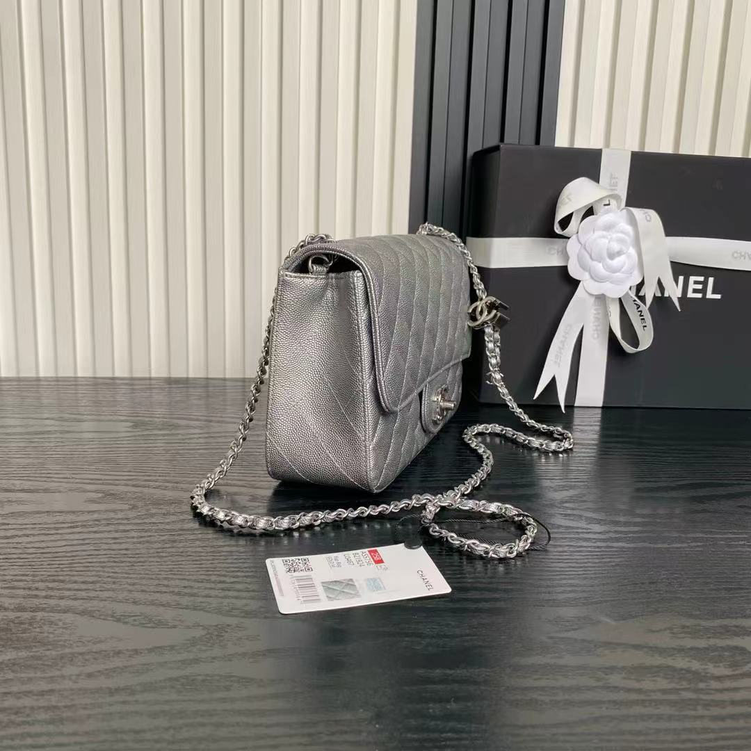 Chanel 2026 Classic Flap Bag 23.5cm Silver Grained Cowhide