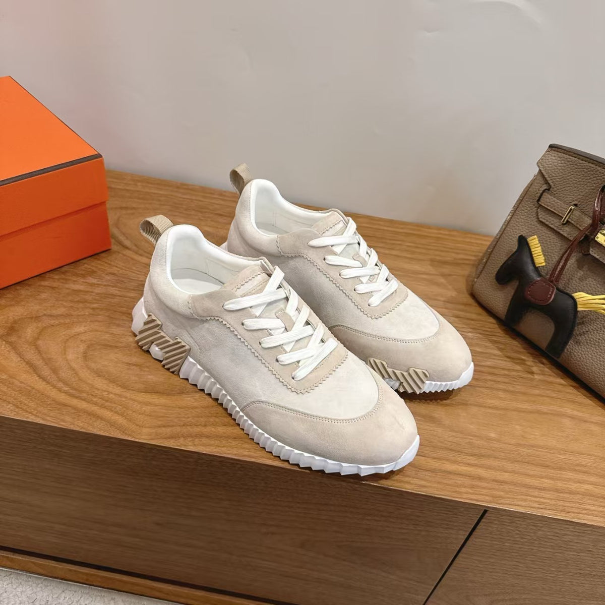 Hermes 2026 Bouncing Sneaker Apricot Suede Leather