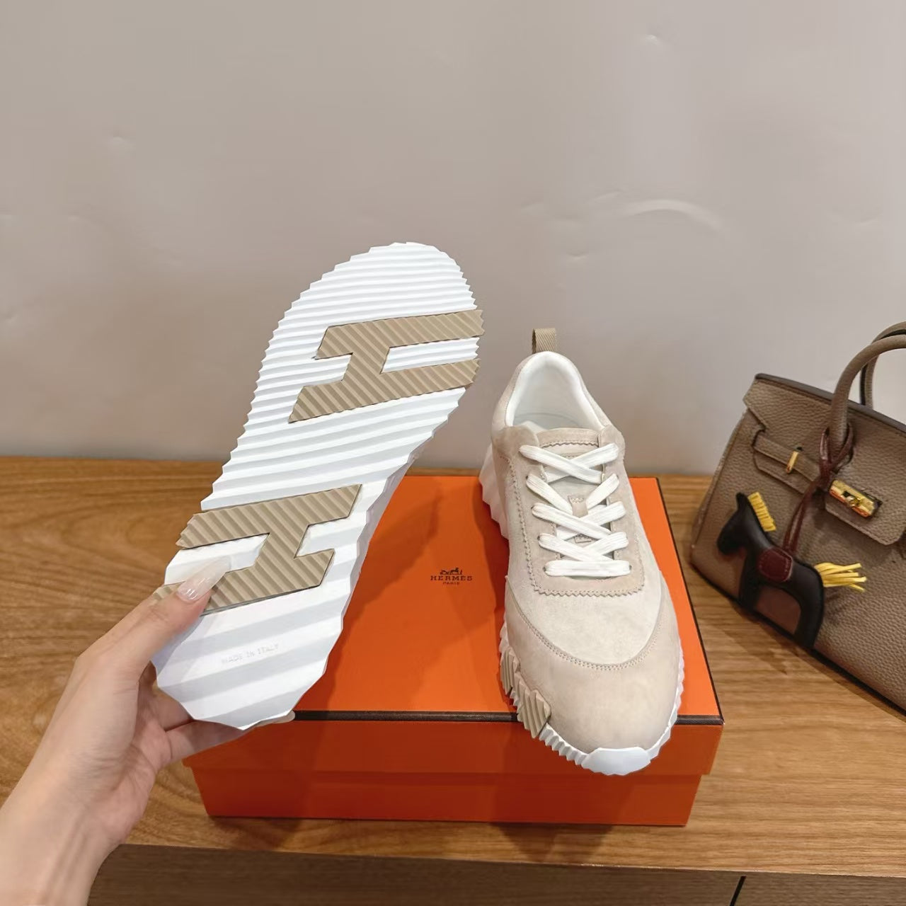 Hermes 2026 Bouncing Sneaker Apricot Suede Leather