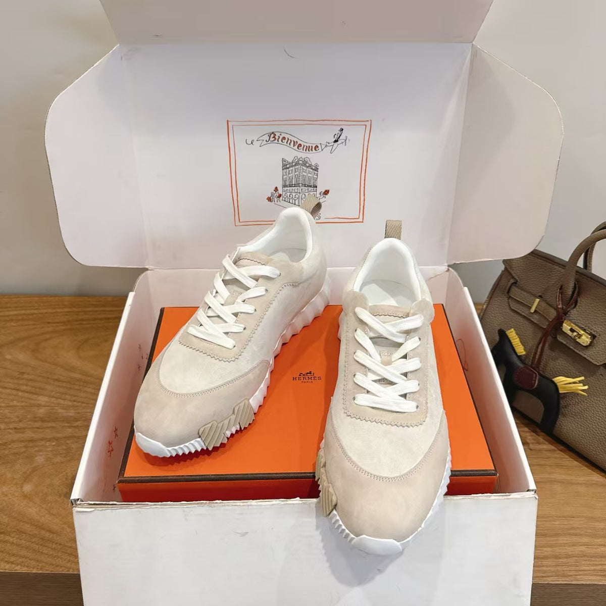 Hermes 2026 Bouncing Sneaker Apricot Suede Leather
