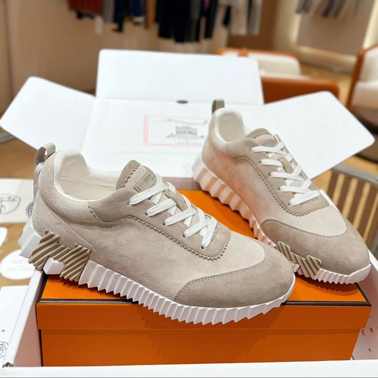 Hermes 2026 Bouncing Sneaker Apricot Suede Leather