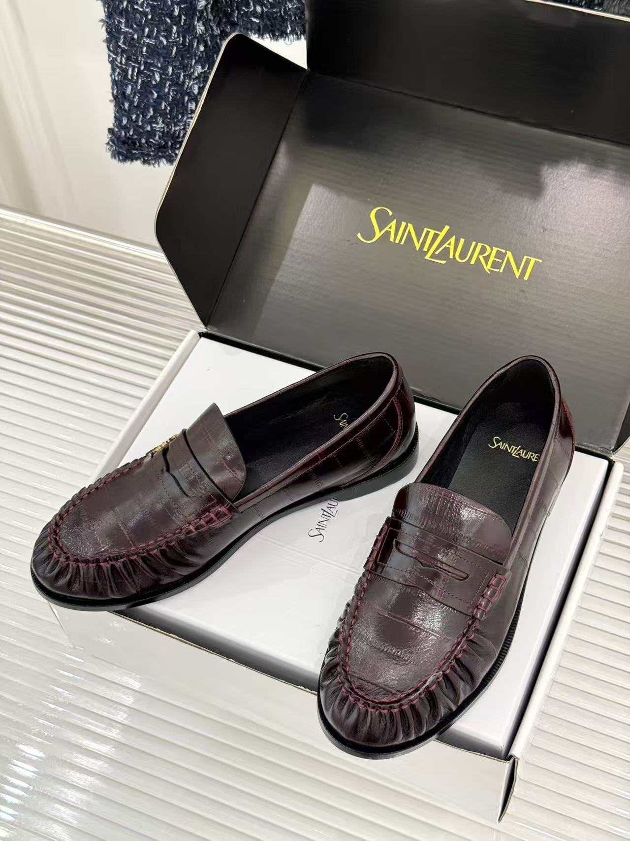 YSL 2026 Loafer Plum Red Embossed Leather