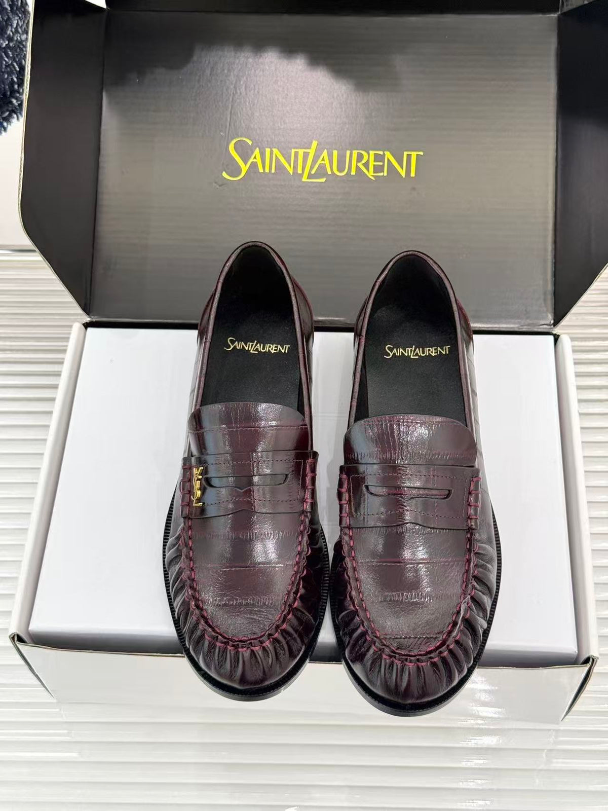 YSL 2026 Loafer Plum Red Embossed Leather