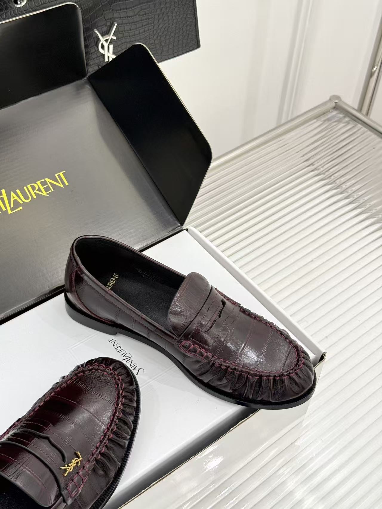 YSL 2026 Loafer Plum Red Embossed Leather