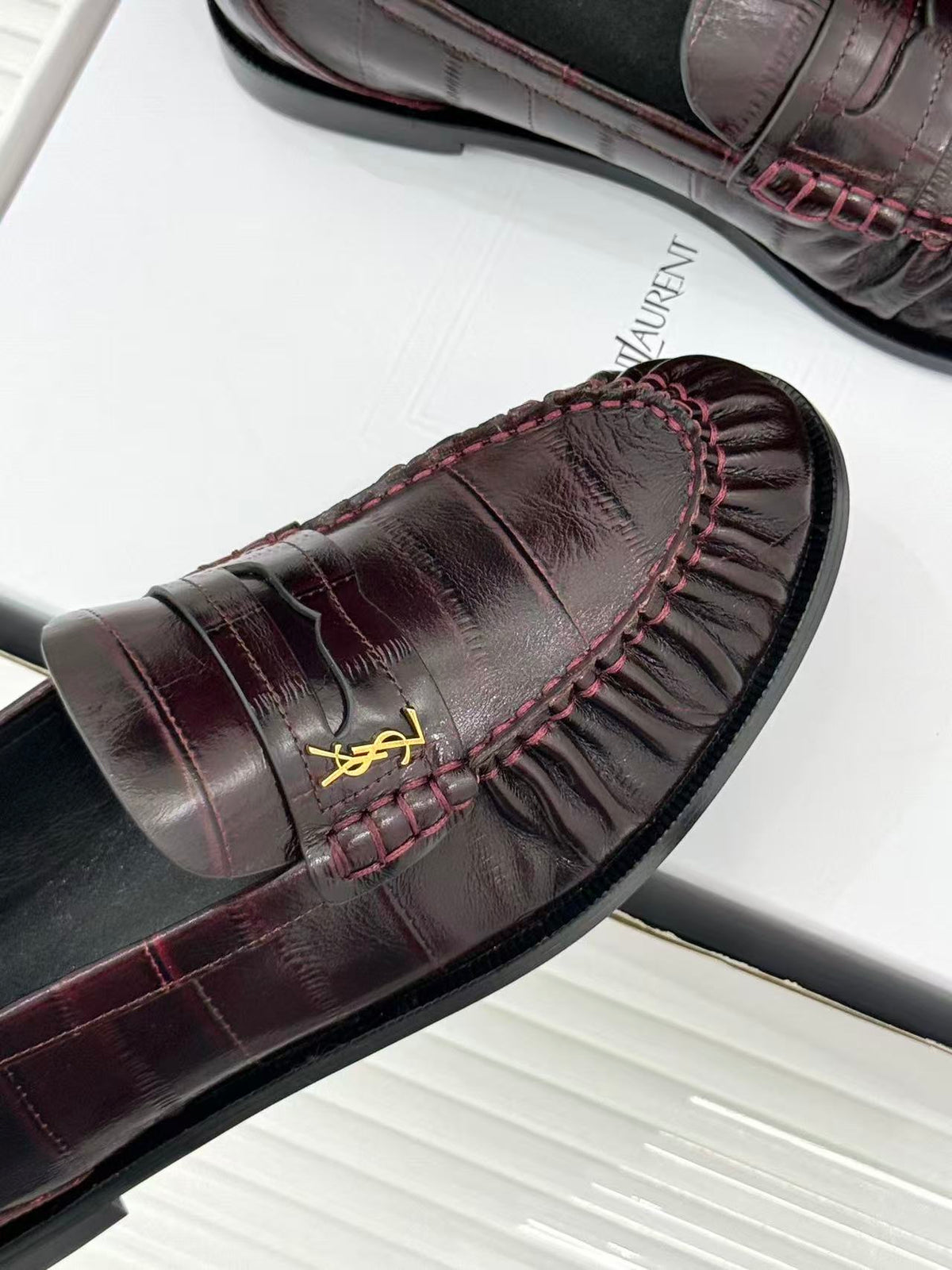 YSL 2026 Loafer Plum Red Embossed Leather