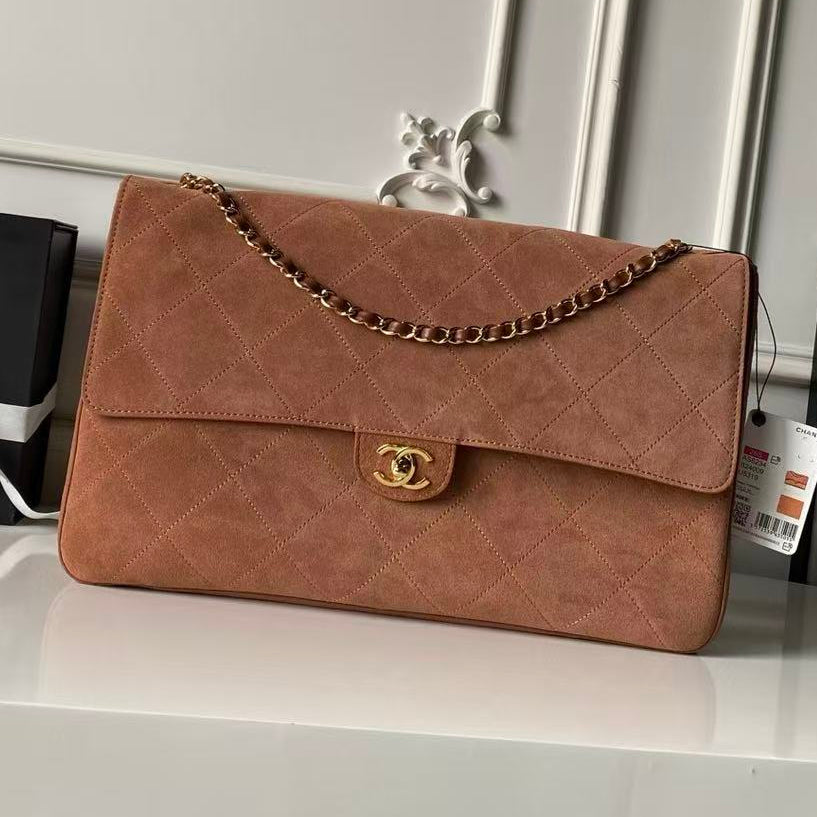 Chanel 2026 Maxi Flap Bag 39cm Camel Brown Suede Calfskin