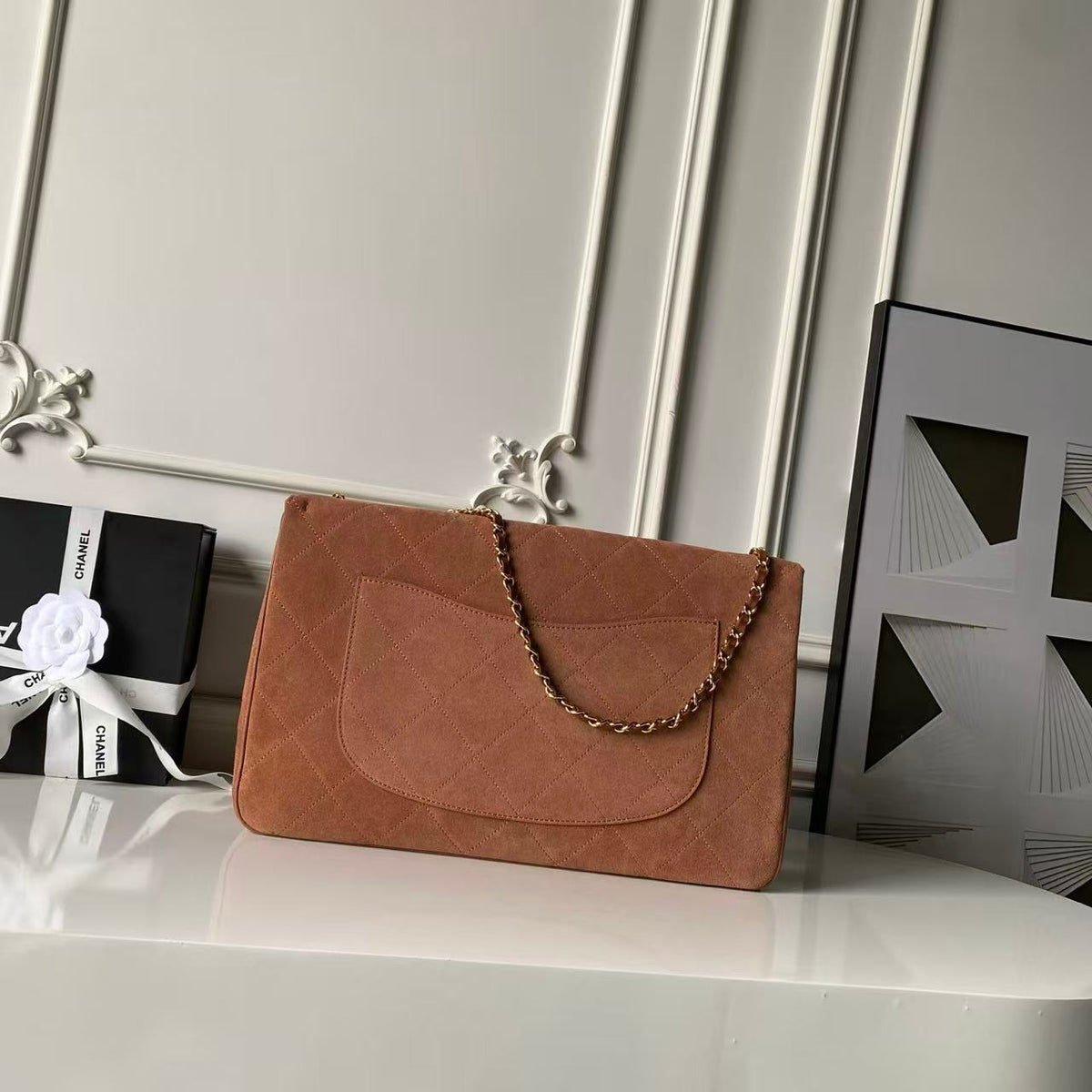 Chanel 2026 Maxi Flap Bag 39cm Camel Brown Suede Calfskin