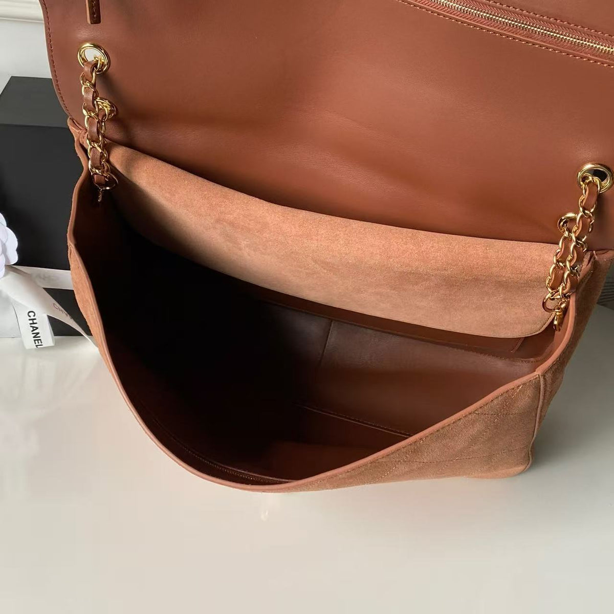 Chanel 2026 Maxi Flap Bag 39cm Camel Brown Suede Calfskin