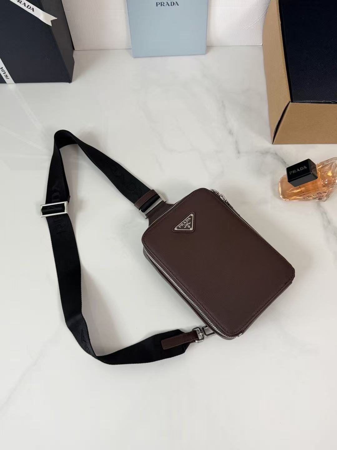 Prada 2026 Brique Saffiano Bag 20cm Brown Chocolate Leather
