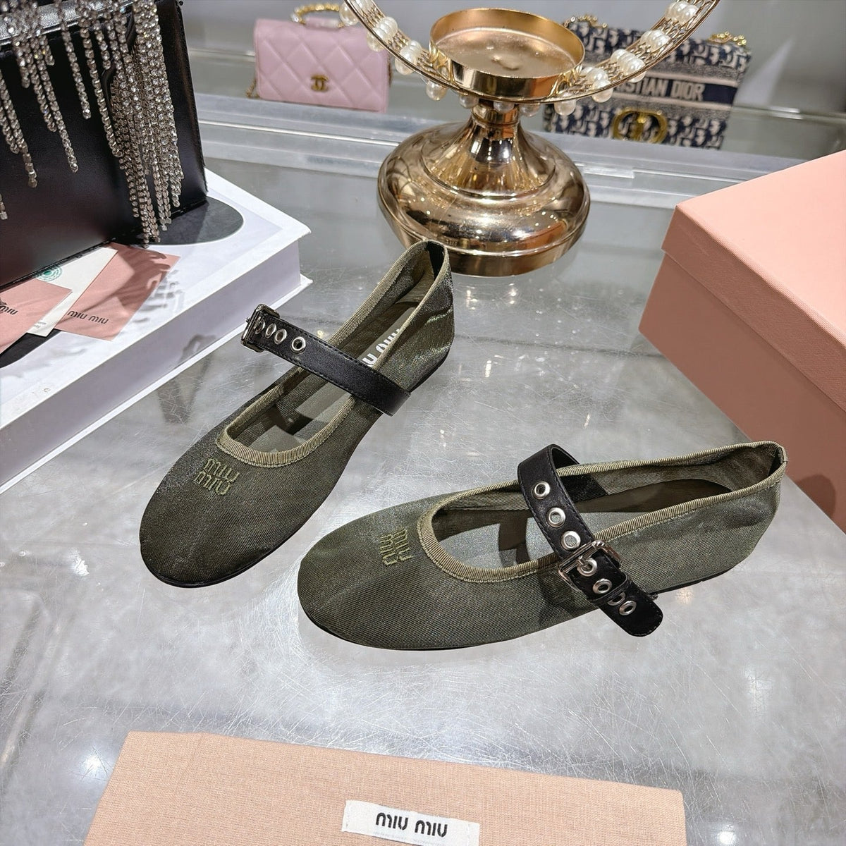 Miu Miu 2026 Buckle Ballet Flat Olive Green Mesh Leather