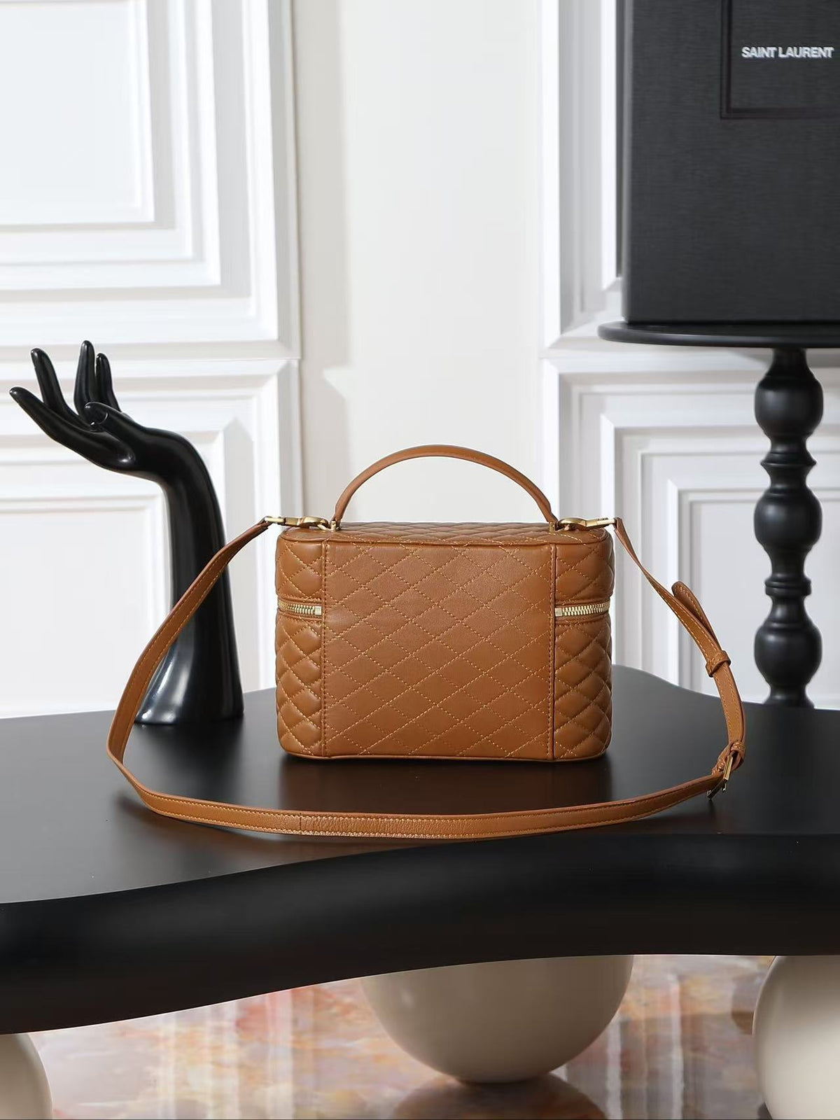 YSL 2026 Gaby Vanity Bag 22.5cm Camel Brown Quilted Lambskin