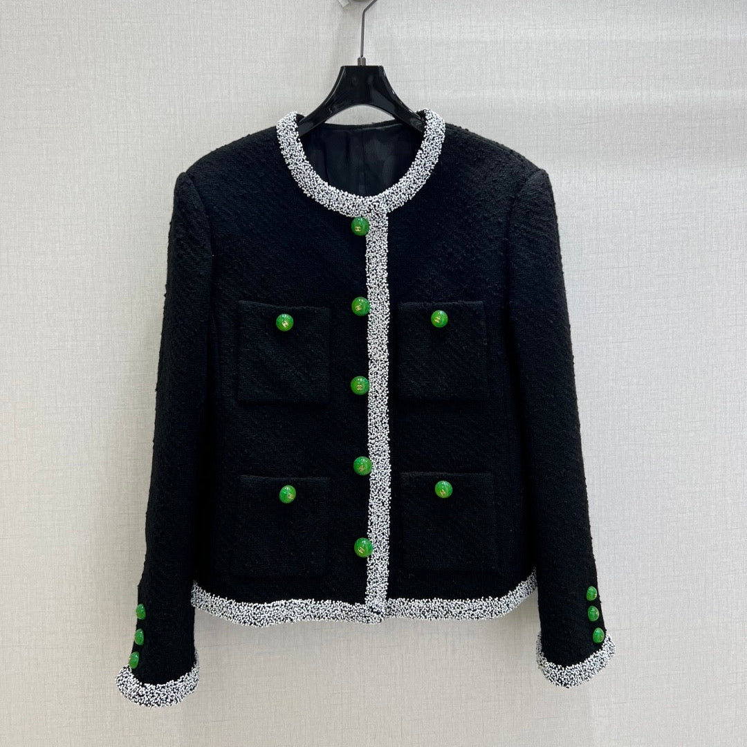 Chanel 2026 Jacket Black Green White Embroidered Tweed Fabric