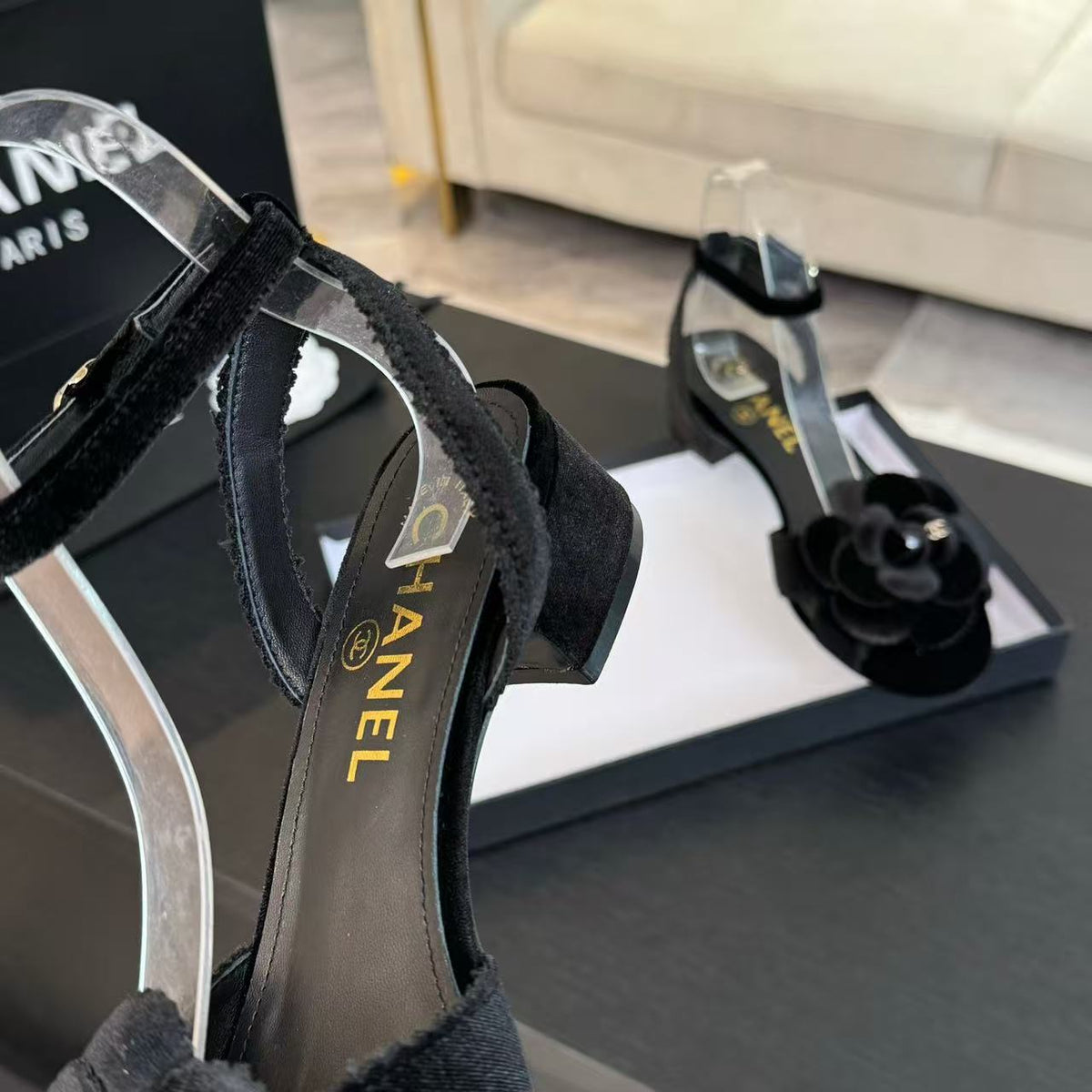 Chanel 2026 Camellia Sandals Black Velvet