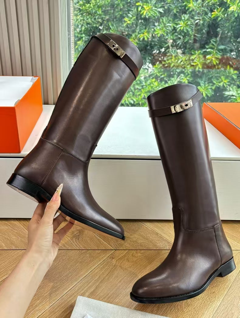 Hermes 2026 Jumping Silver Buckle Boots Dark Brown Leather