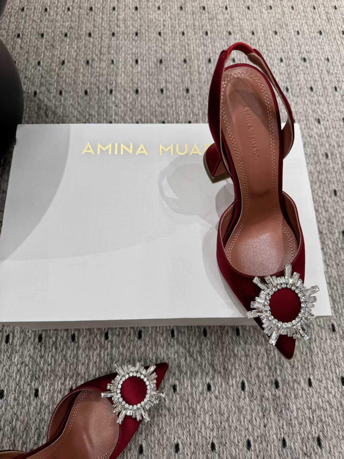 Amina Muaddi 2026 Pointed Toe Slingback 95mm Red Satin