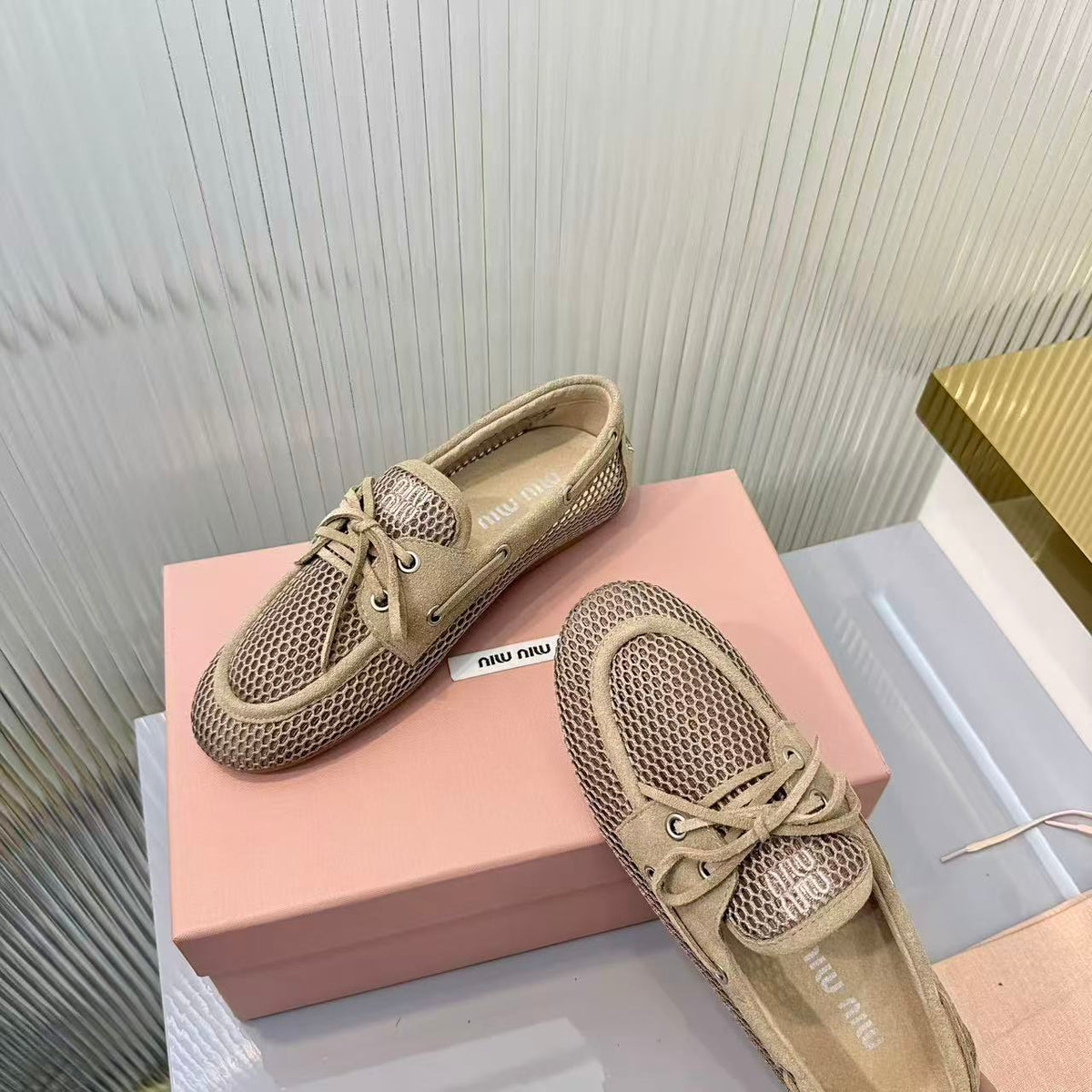 Miu Miu 2026 Mocassin Beige Suede Mesh