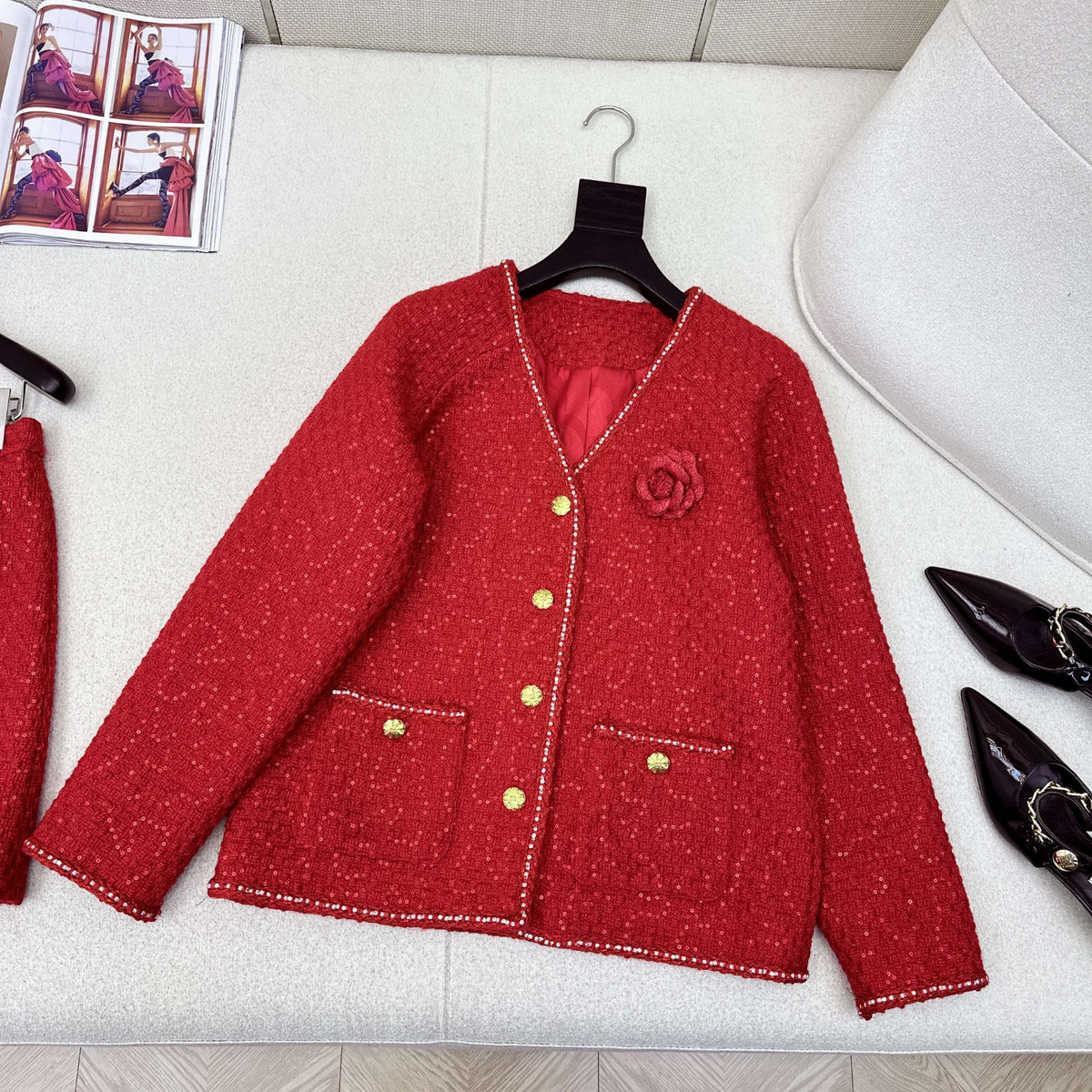Chanel 2026 Short Jacket And Skirt Set Red Tweed