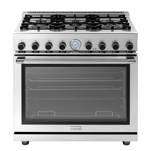 Superiore RN361GPS_S_ NEXT 36” Panorama Stainless Steel Gas Range with 6 Burners and Convection Oven
