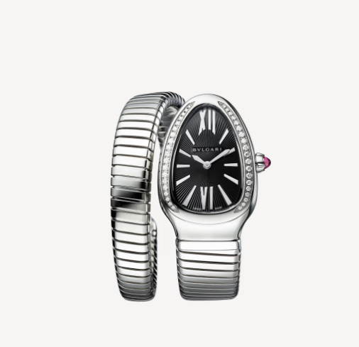 Bulgari Serpenti 35mm Tubogas Single Spiral Steel Diamonds Black Dial
