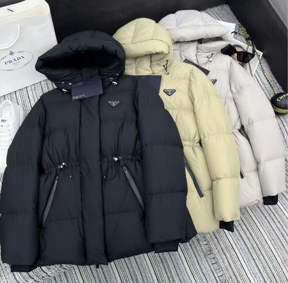 Prada 2025 Drawstring Waist Hooded Mig-length Jacket Down Polyester