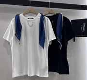 LV High-Sense Silk Scarf T-shirt Black White Cotton