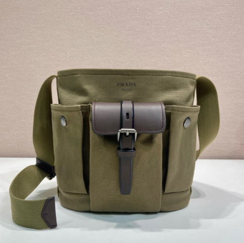 Prada 2026 Route Bag 24.5cm Khaki Canvas Leather