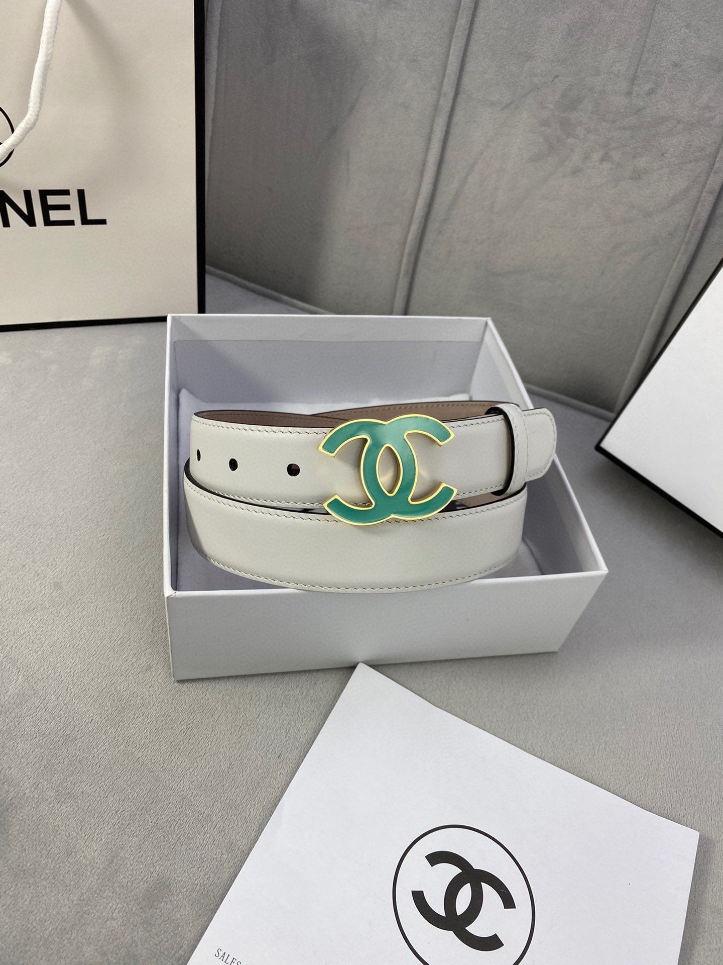 CC BELT 3.0CM BUCKLE BLUE LEATHER WHITE