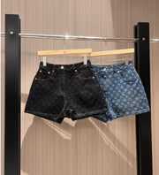 LV  Flower Jacquard Denim Shorts Black Blue Cotton