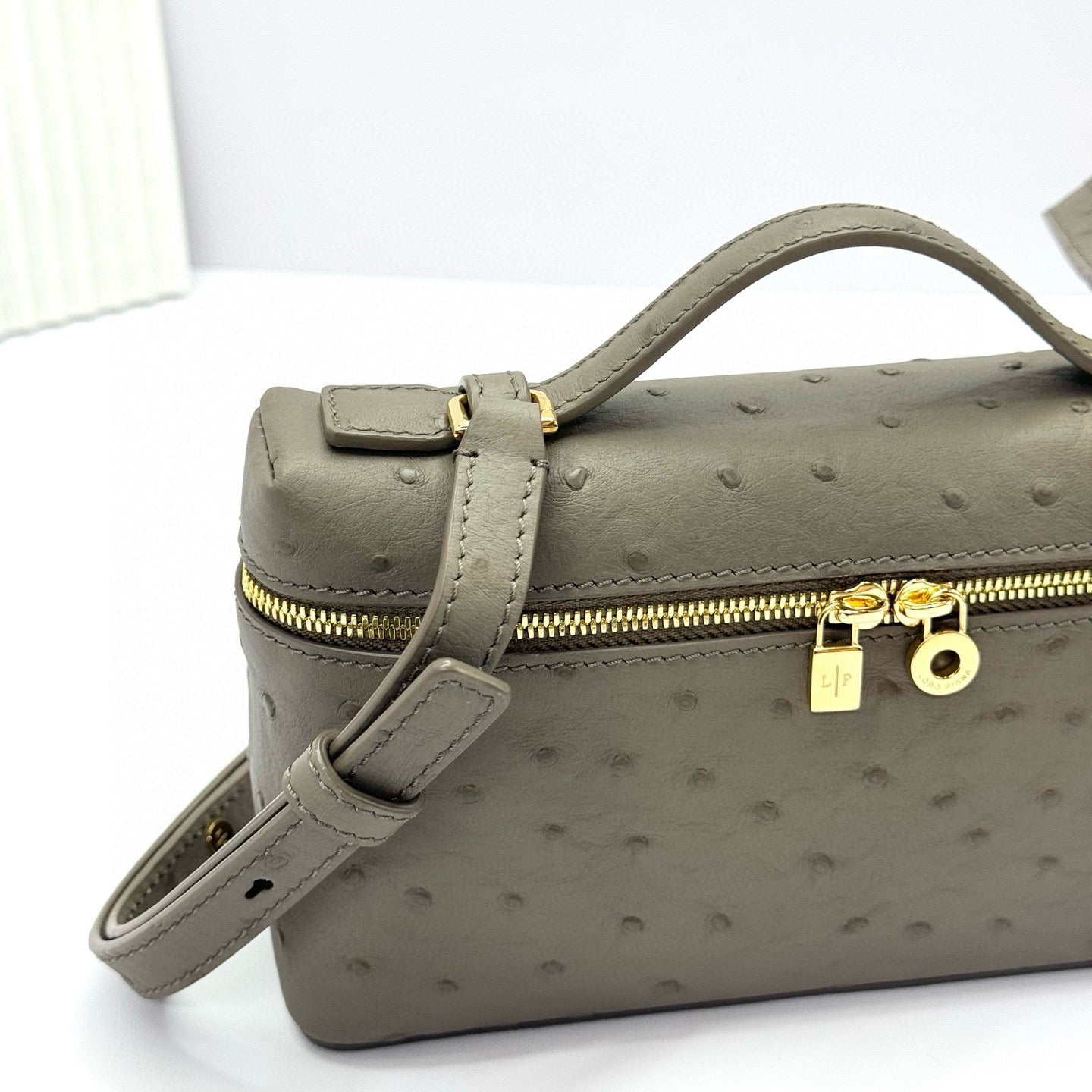 LP Extra Bag Ostrich Pattern Gray Brown Gold Buckle Calfskin