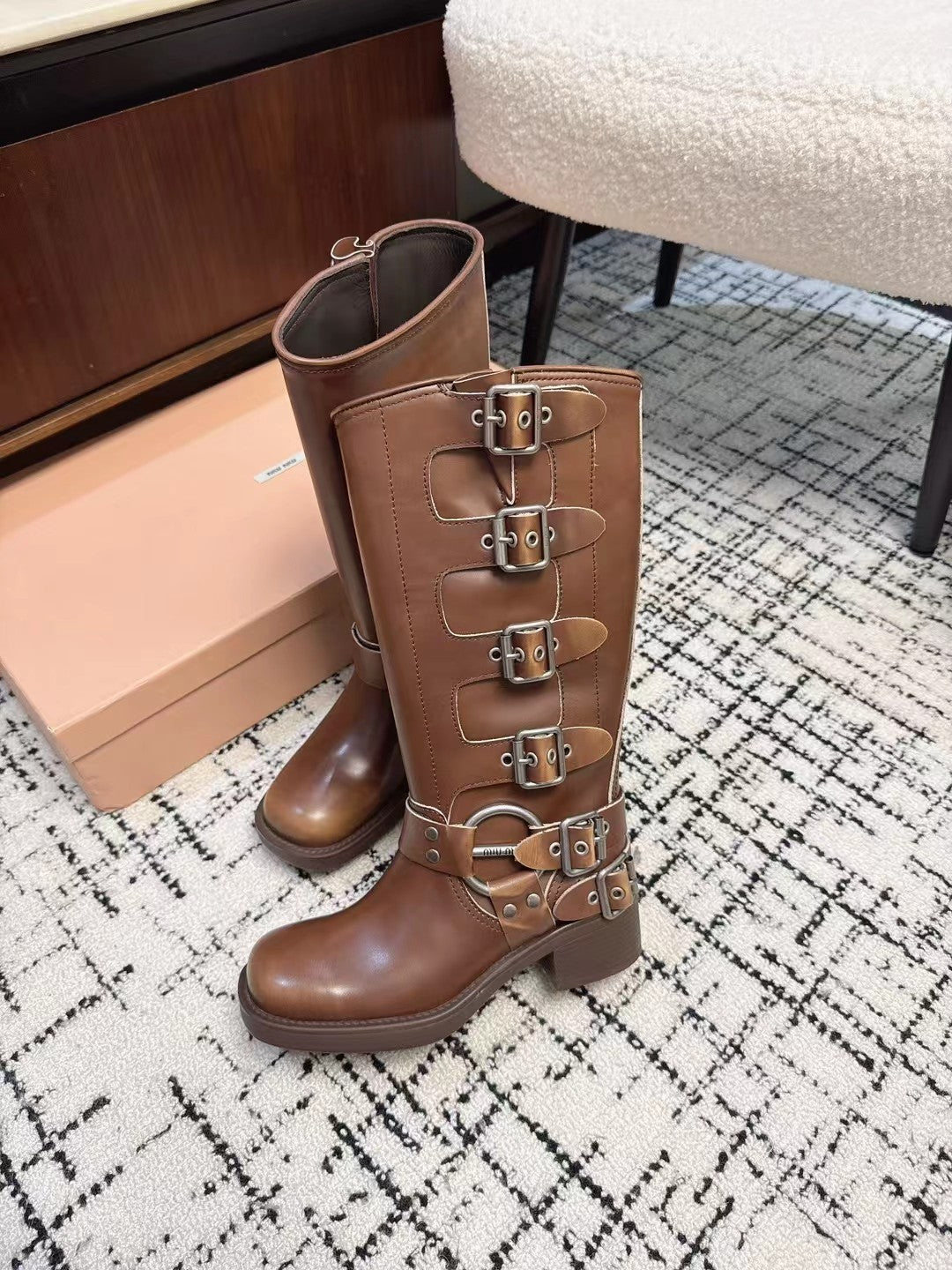 Miumiu 2026 Buckle-Detail Boots Suede Calfskin 952182