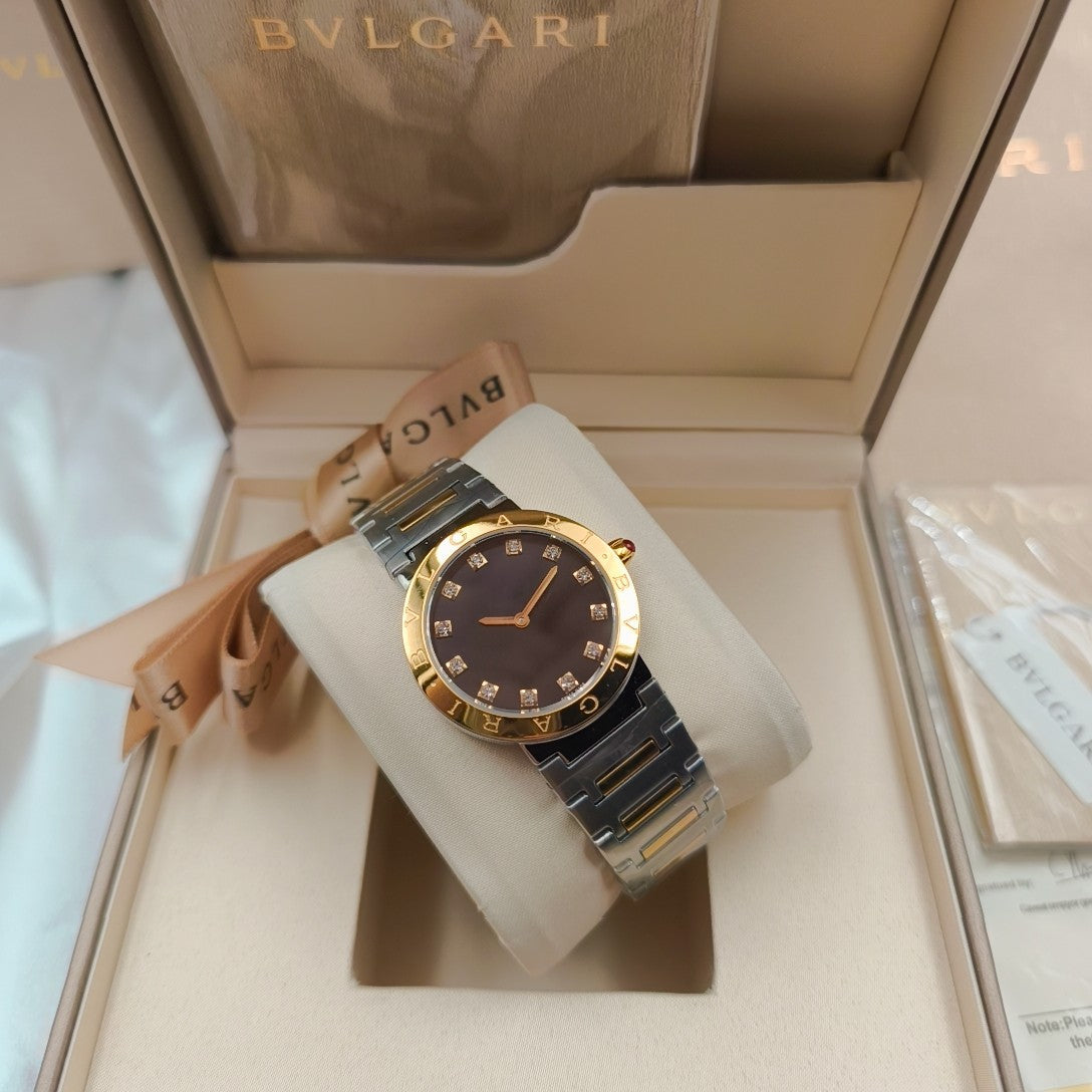 BVLGARI 33mm Diamond Numerals Gold Case Steel Pink Gold