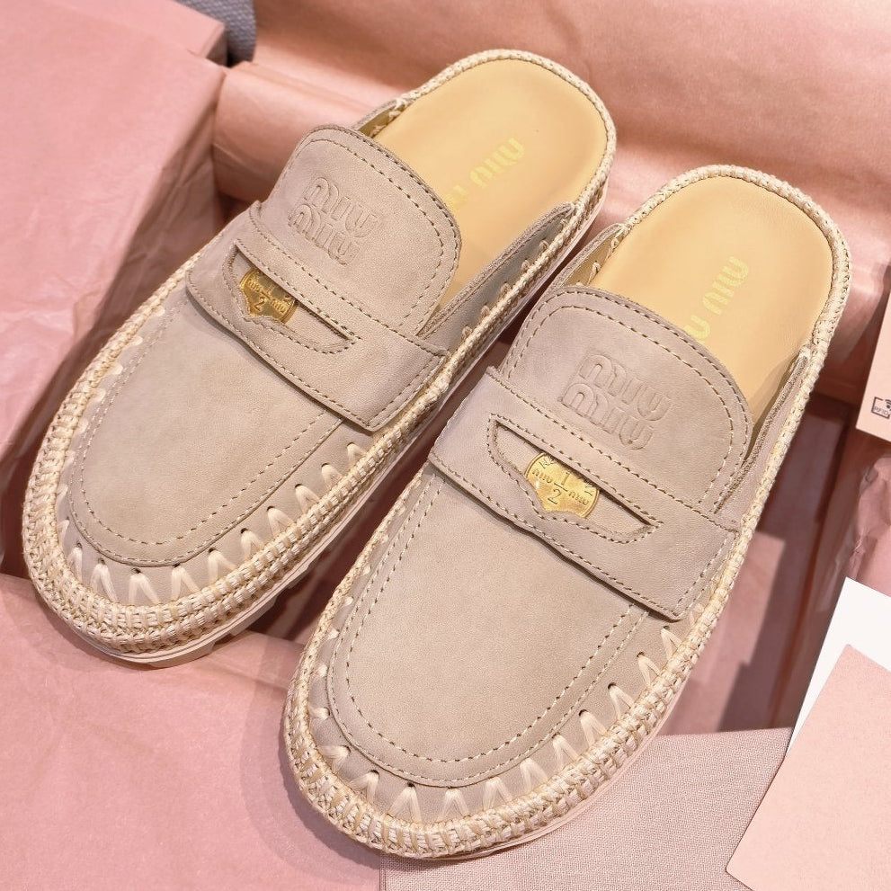 Miu Miu 2026 Raffia Flatform Mules Suede 155477