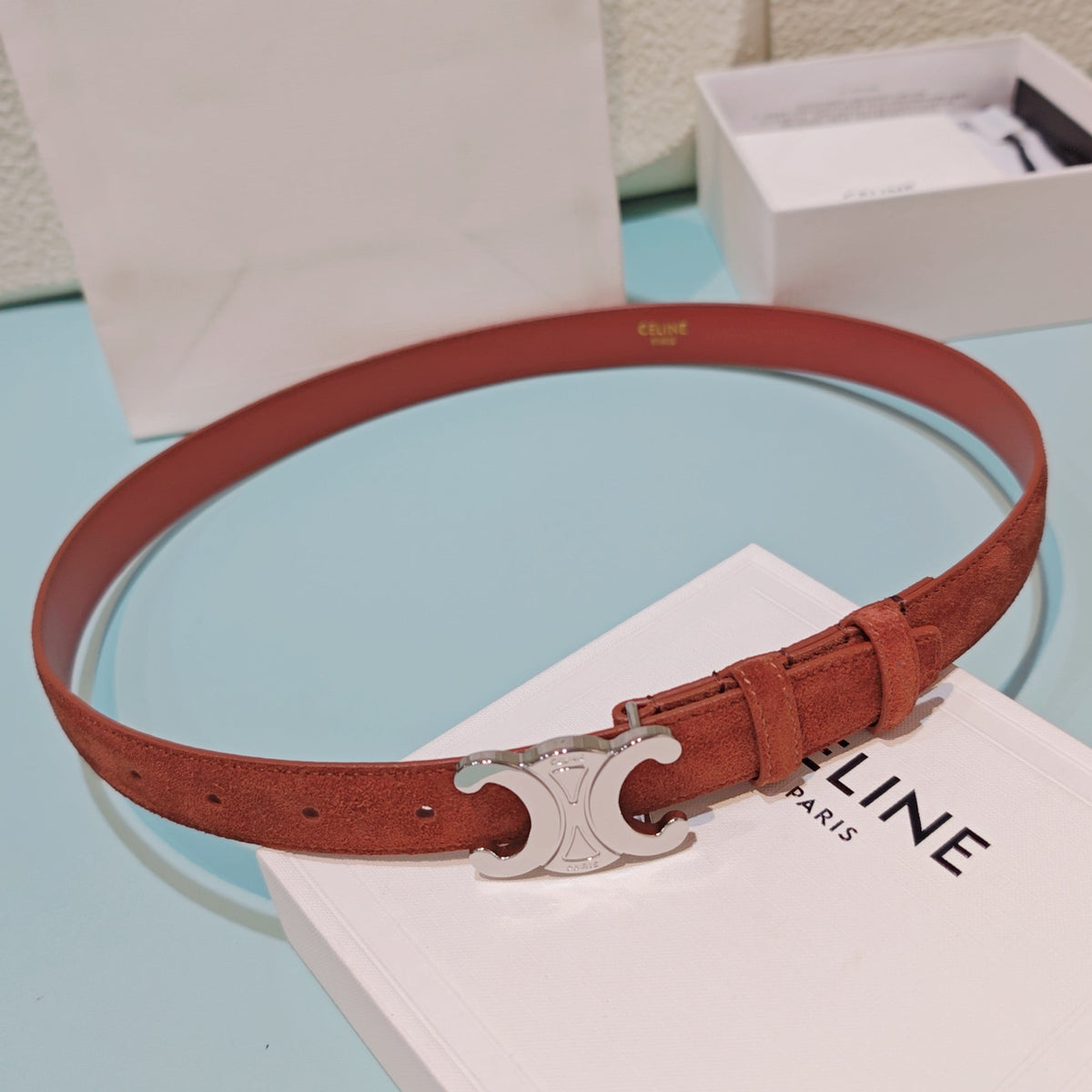 Celine 2026 Medium Triomphe Silver Belt 25mm Suede 194538