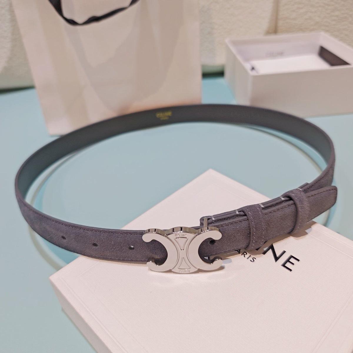 Celine 2026 Medium Triomphe Silver Belt 25mm Suede 194538