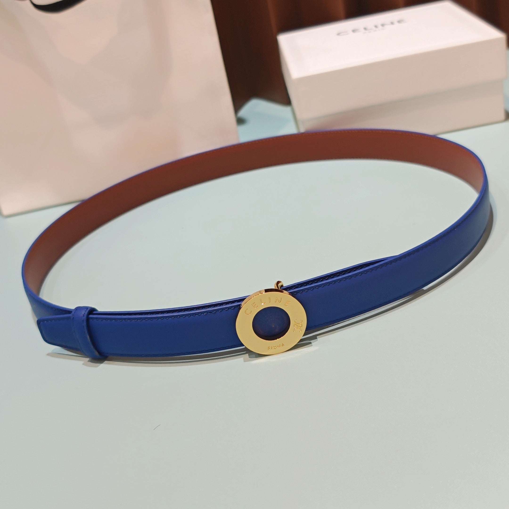 Celine 2026 Disc Buckle Reversible Strap Belt 25mm Leather 196682