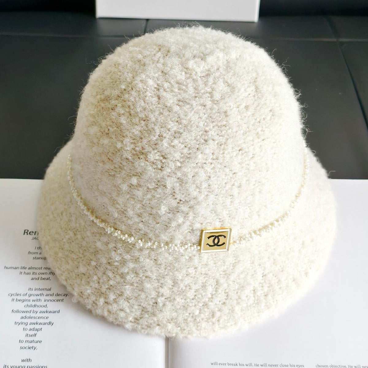 Chanel Pearl Chain Wool Bucket Hat 454072