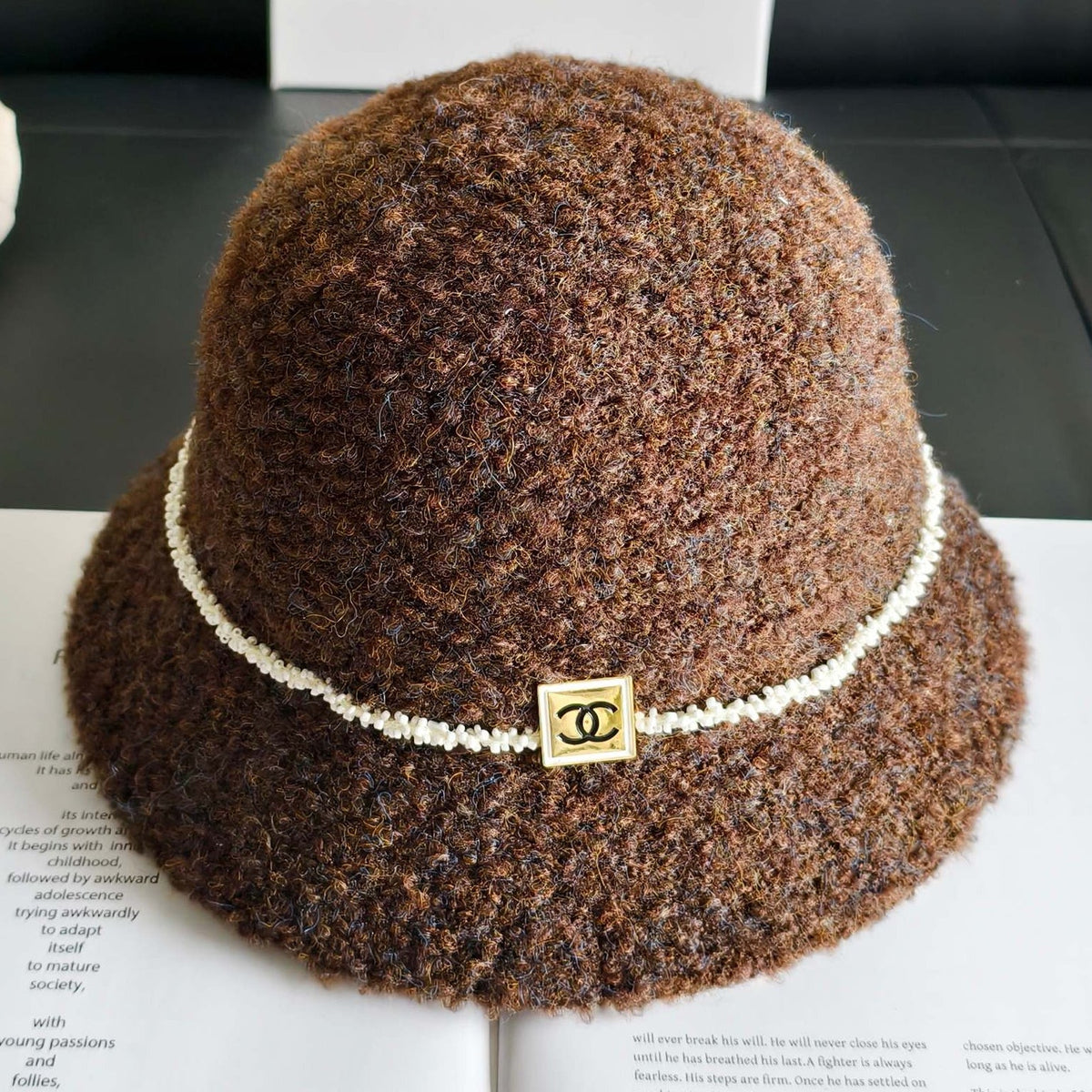 Chanel Pearl Chain Wool Bucket Hat 454072