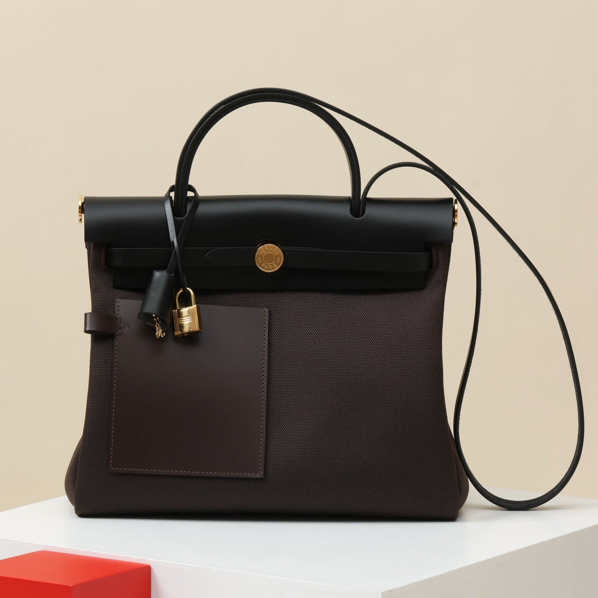 High-end Hermes 2026 Herbag Zip Pocket Bag 31cm Canvas Hunter Leather