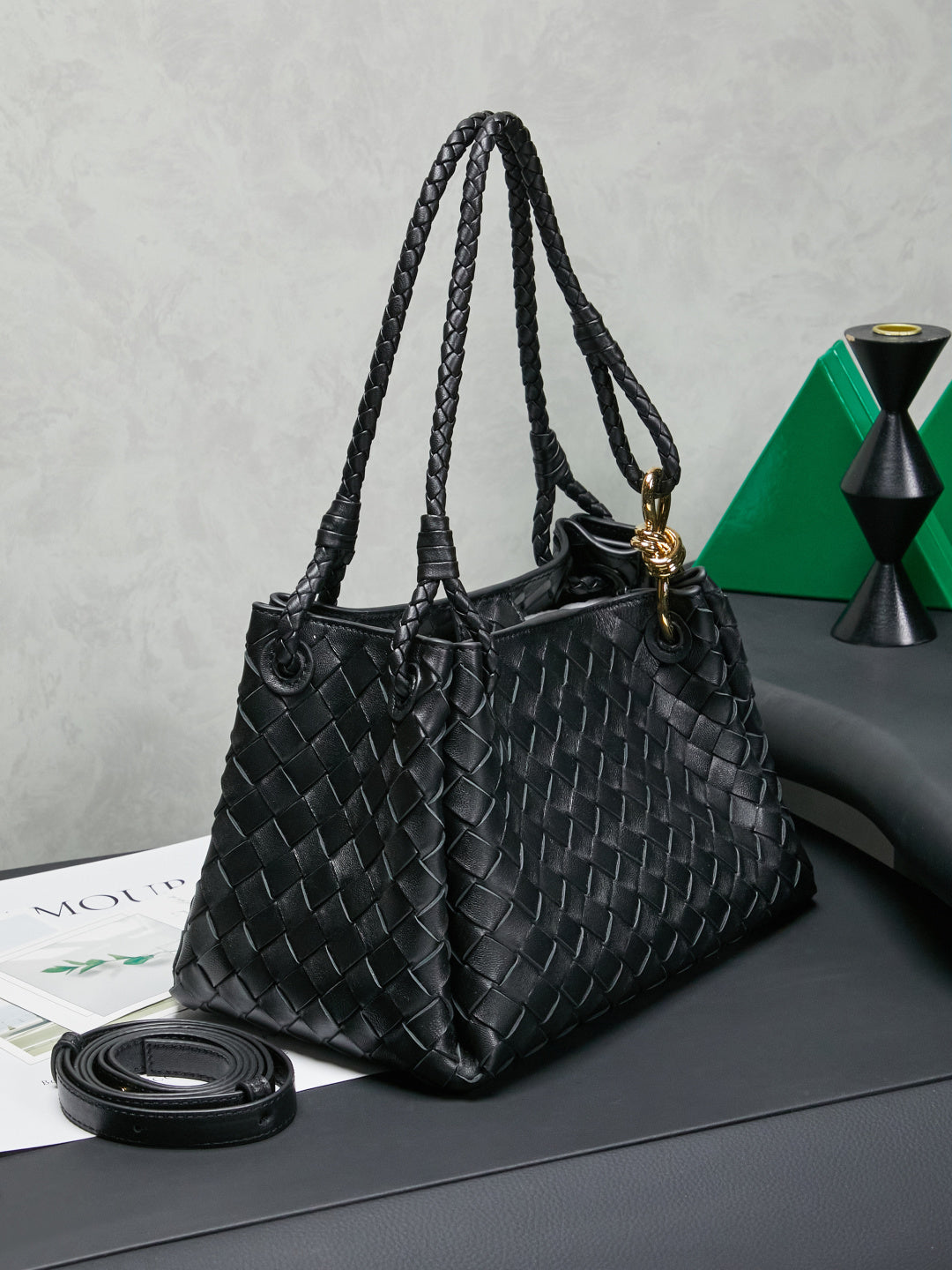 Bottega Veneta Parachute Bag 29.5cm Black Gold Intrecciato Leather