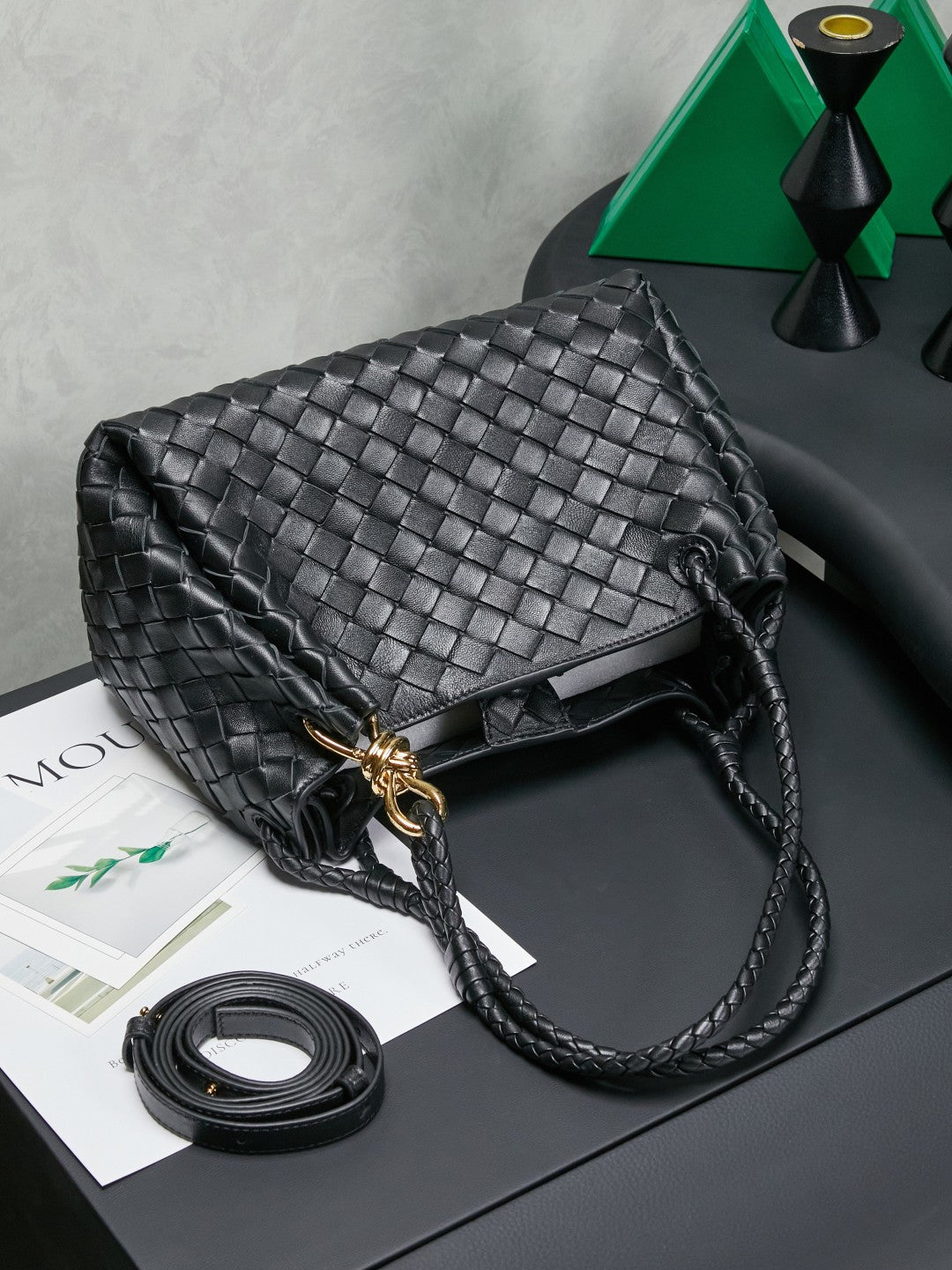 Bottega Veneta Parachute Bag 29.5cm Black Gold Intrecciato Leather