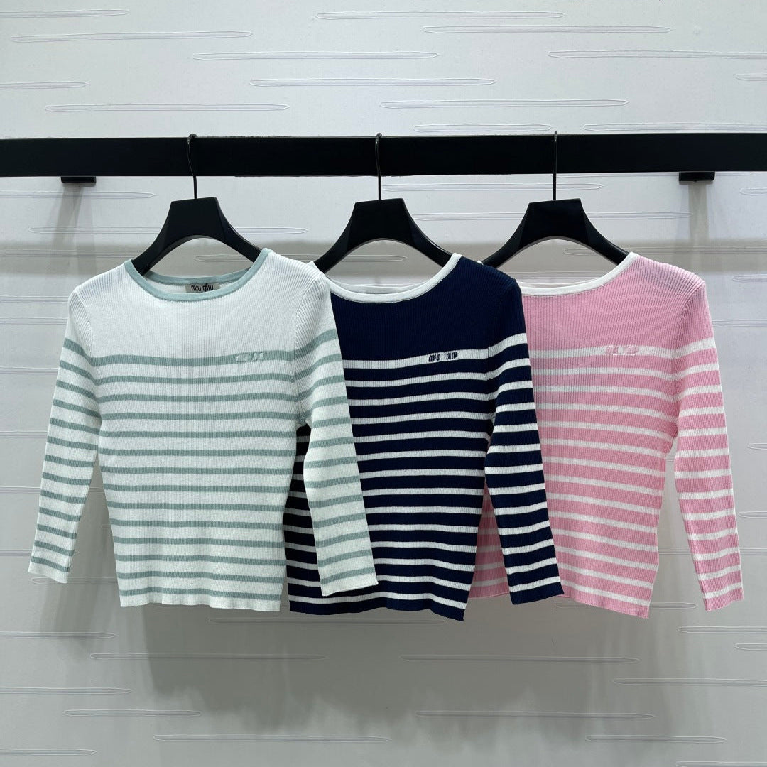 Miumiu 2026 Striped Crew Neck Knit Long Sleeve Wool