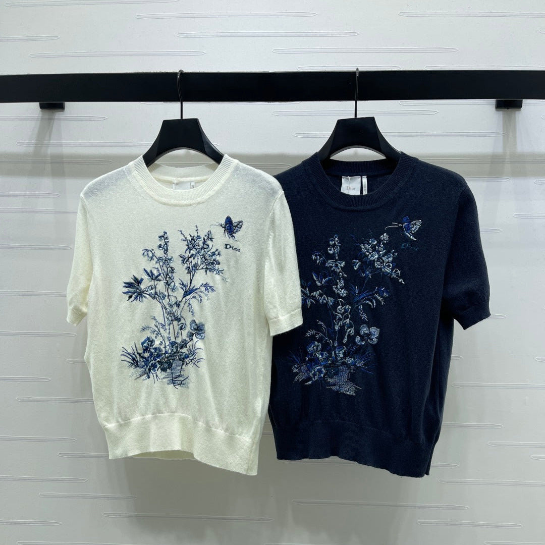 Dior 2026 Floral Embroidered Butterfl Short-Sleeve T-Shirt Wool