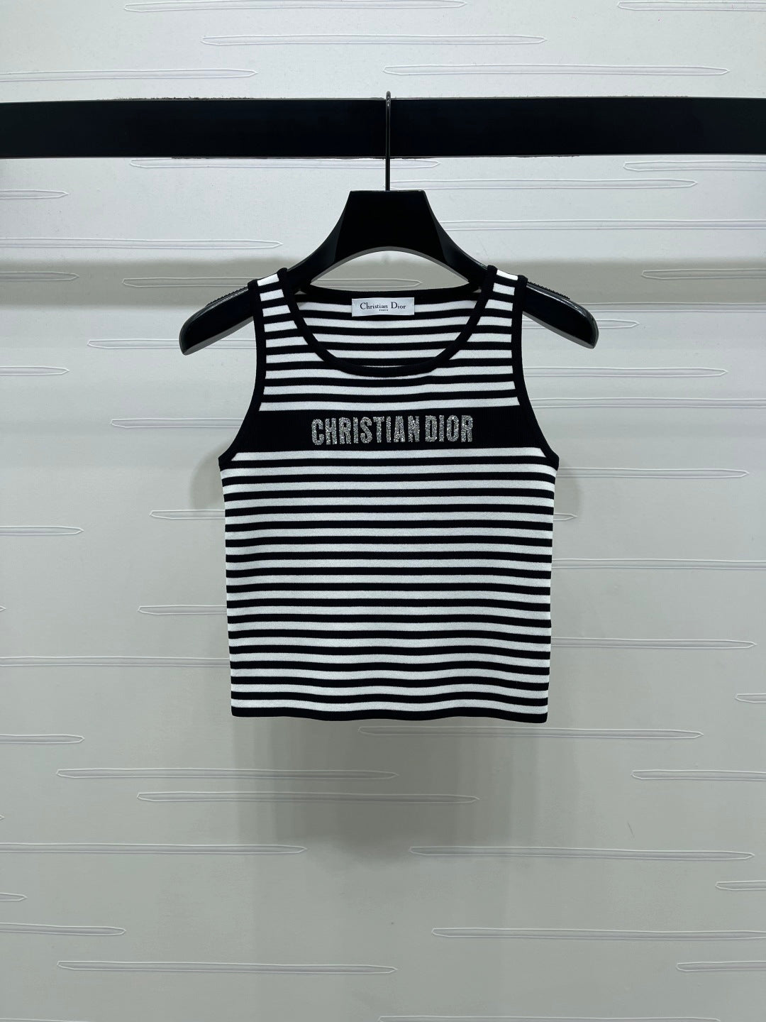 Dior 2026 Striped Letter Crew Neck Knit Vest Black and White Wool