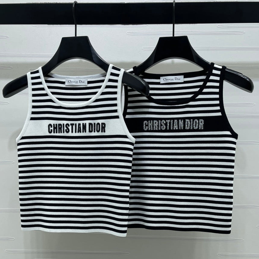 Dior 2026 Striped Letter Crew Neck Knit Vest Black and White Wool