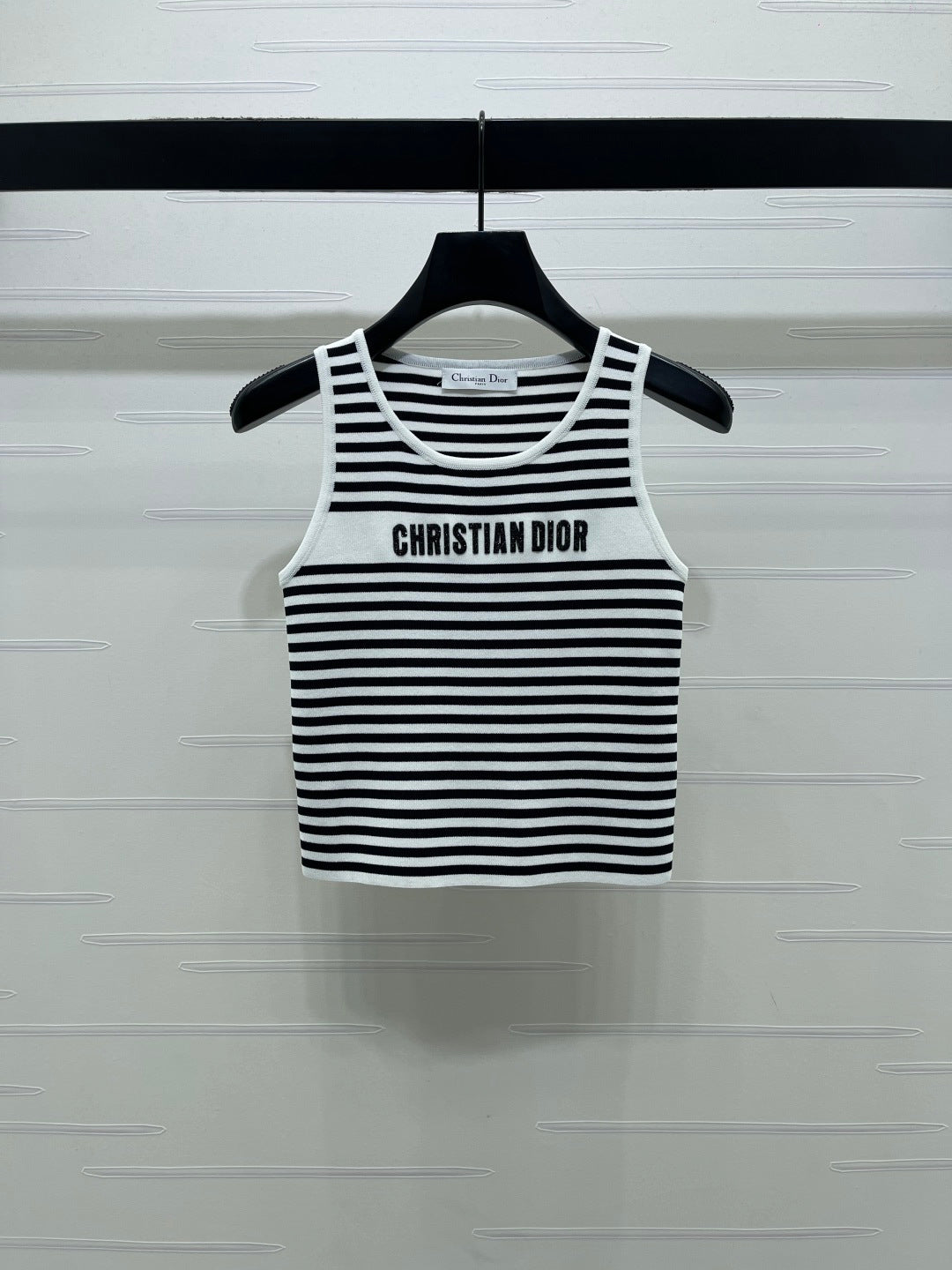 Dior 2026 Striped Letter Crew Neck Knit Vest Black and White Wool