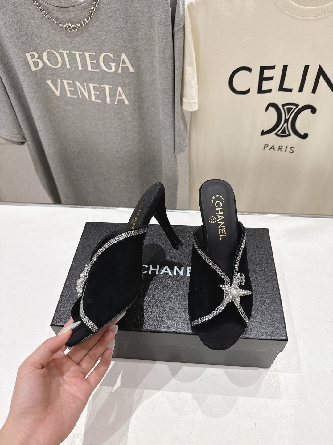 Channel 2026 High-Heeled Mules 90mm Strass Suede 896436
