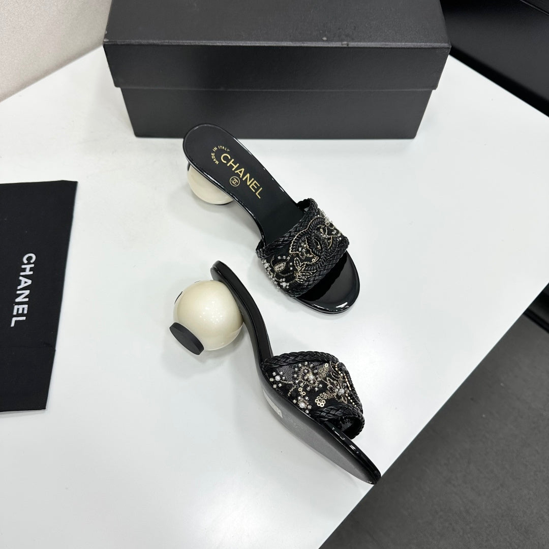 Chanel 2026 Pearl-Heeled Sandals Mesh Leather 944509