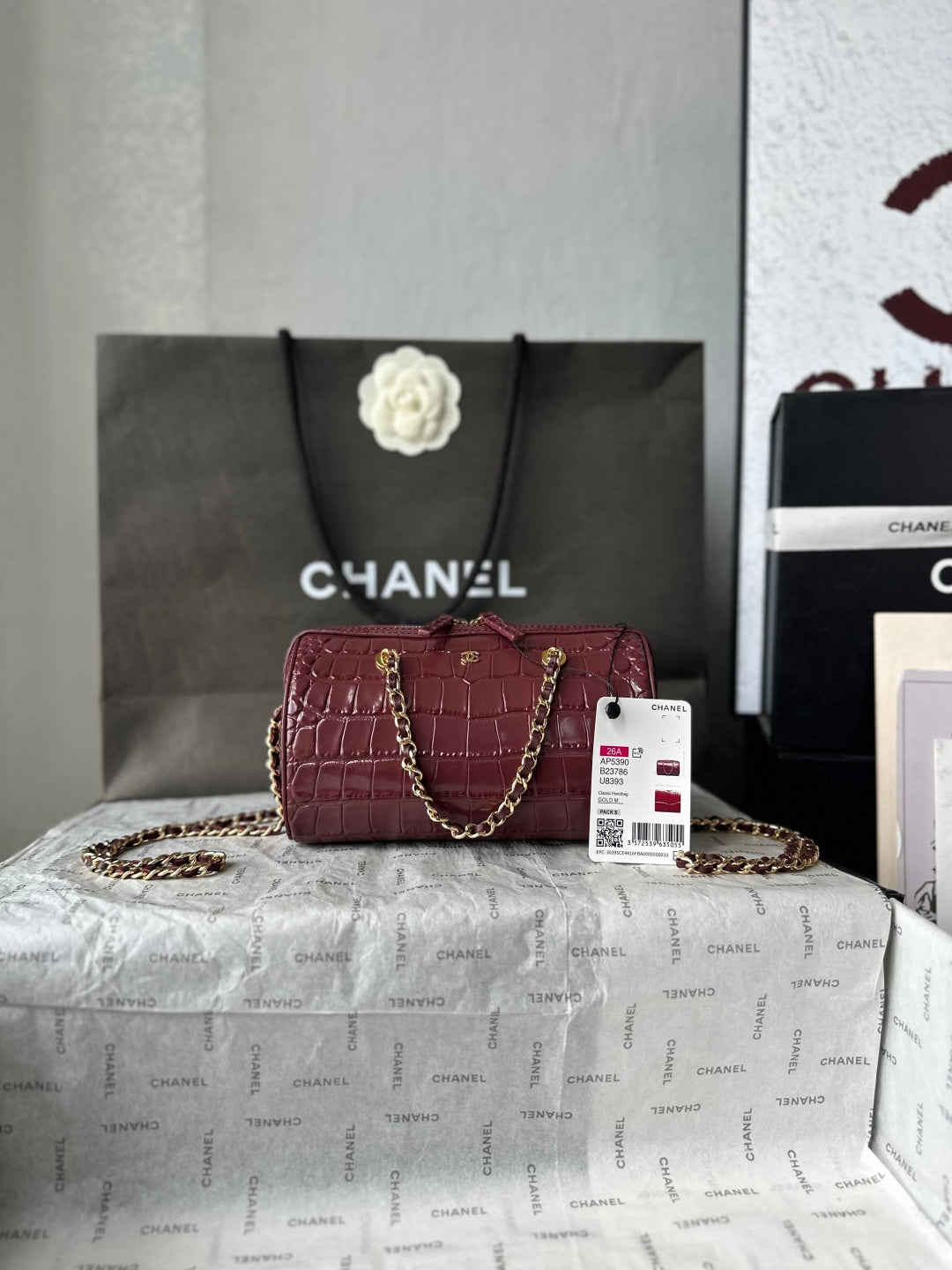 Chanel 2026 Crocodile Embossed Bowling Bag 18.5cm Leather