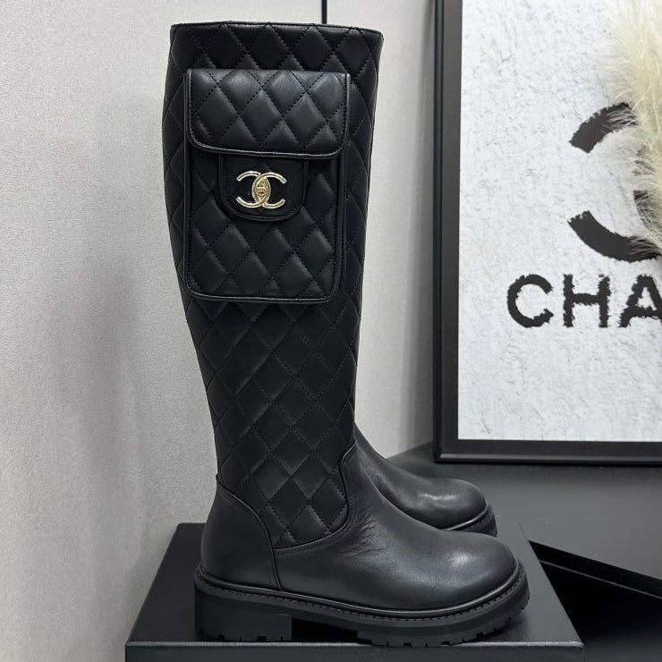 Chanel 2026 Quilted Pocket Combat Boots Black Cowhide 985931